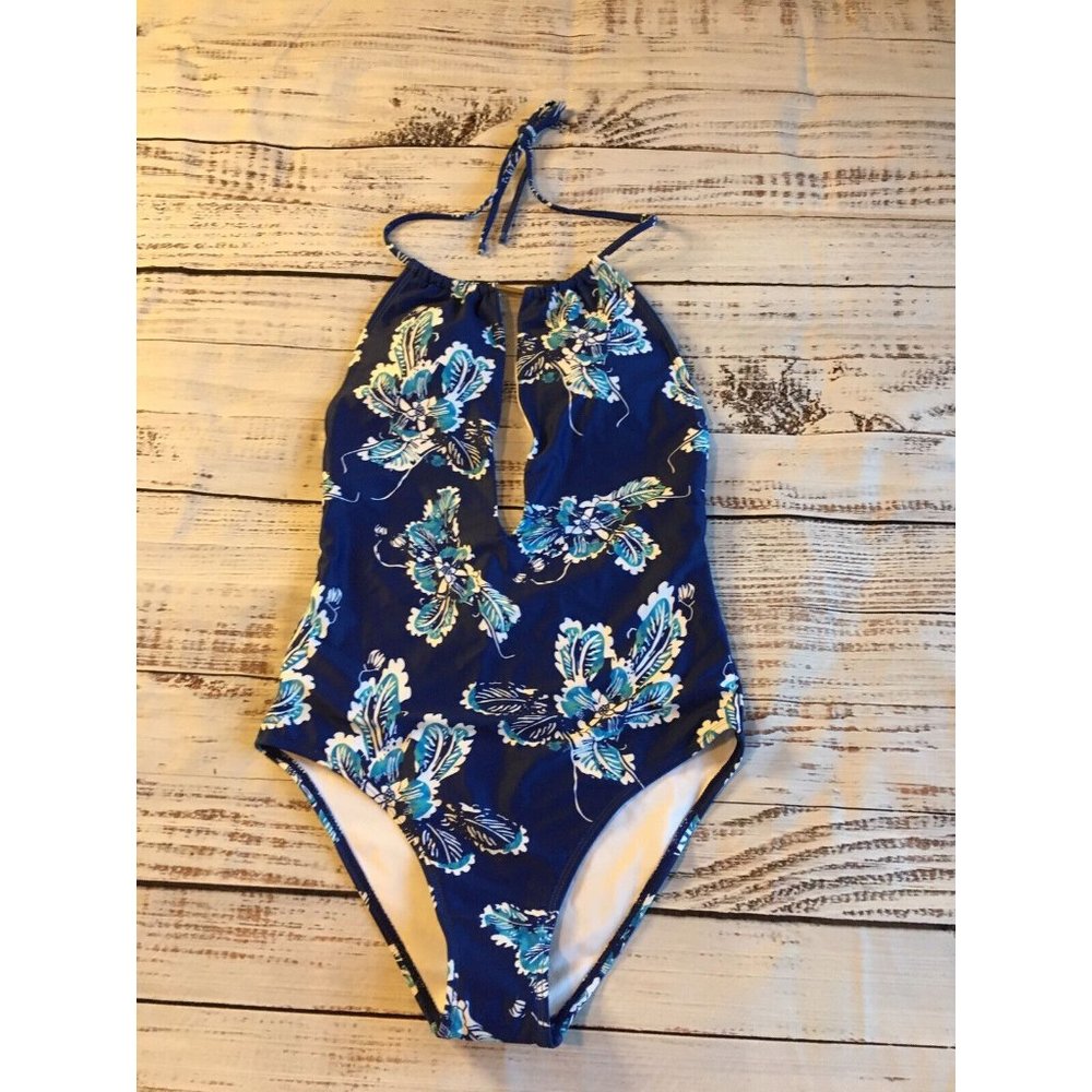 Marinavida One Piece Swimsuit Deep V-Neck Women's Sz Small~ Blue Floral Print